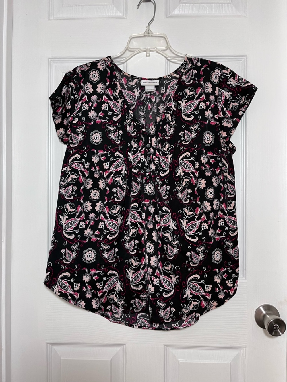 Liz Claiborne Black Blouse with Pink, Red, and White Paisley Print